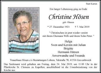 Traueranzeige von Christine Hösen von Rheinische Post