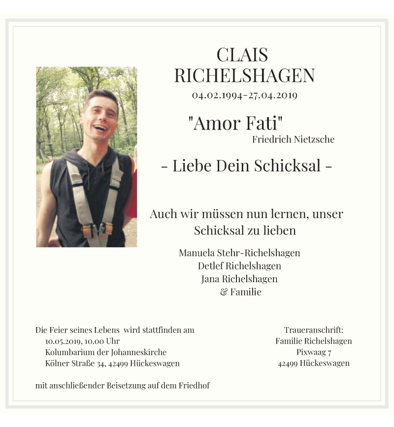  Traueranzeige für Clais Richelshagen vom 06.05.2019 aus Rheinische Post