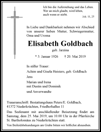 Traueranzeige von Elisabeth Goldbach von Rheinische Post