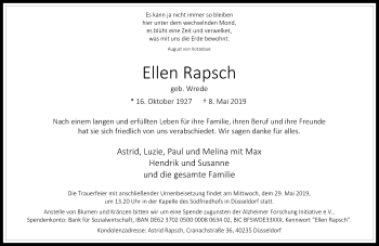 Traueranzeige von Ellen Rapsch von Rheinische Post