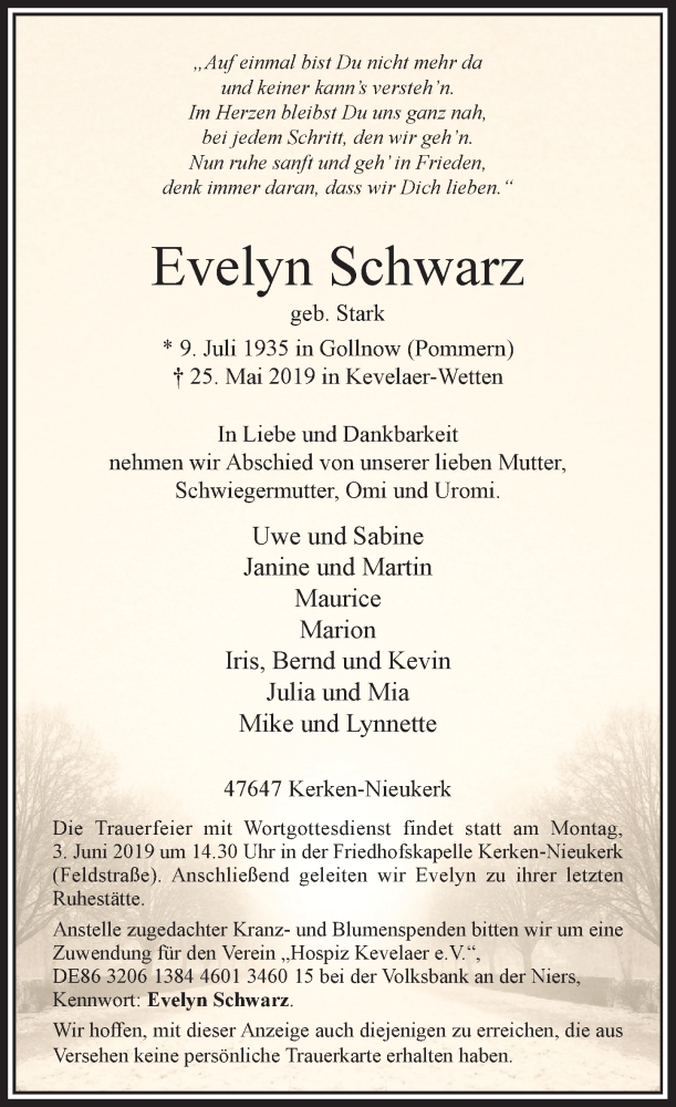  Traueranzeige für Evelyn Schwarz vom 29.05.2019 aus Rheinische Post