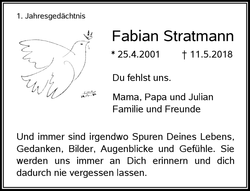  Traueranzeige für Fabian Stratmann vom 18.05.2019 aus Rheinische Post