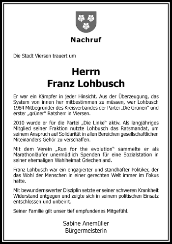 Traueranzeige von Franz Lohbusch von Rheinische Post