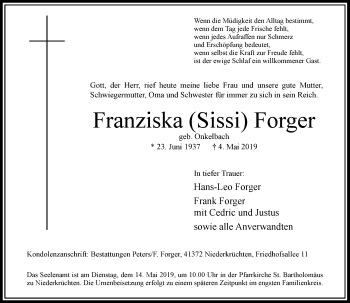 Traueranzeige von Franziska Forger von Rheinische Post