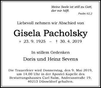 Traueranzeige von Gisela Pacholsky von Rheinische Post