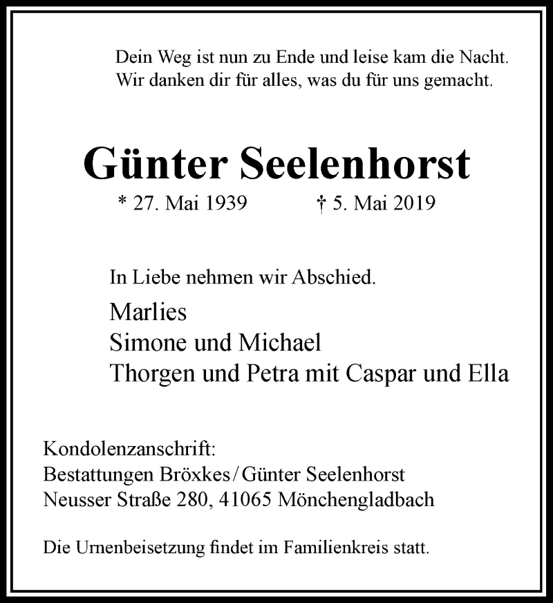 Traueranzeige für Günter Seelenhorst vom 11.05.2019 aus Rheinische Post