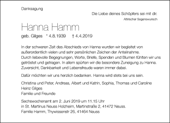 Traueranzeige von Hanna Hamm von Rheinische Post