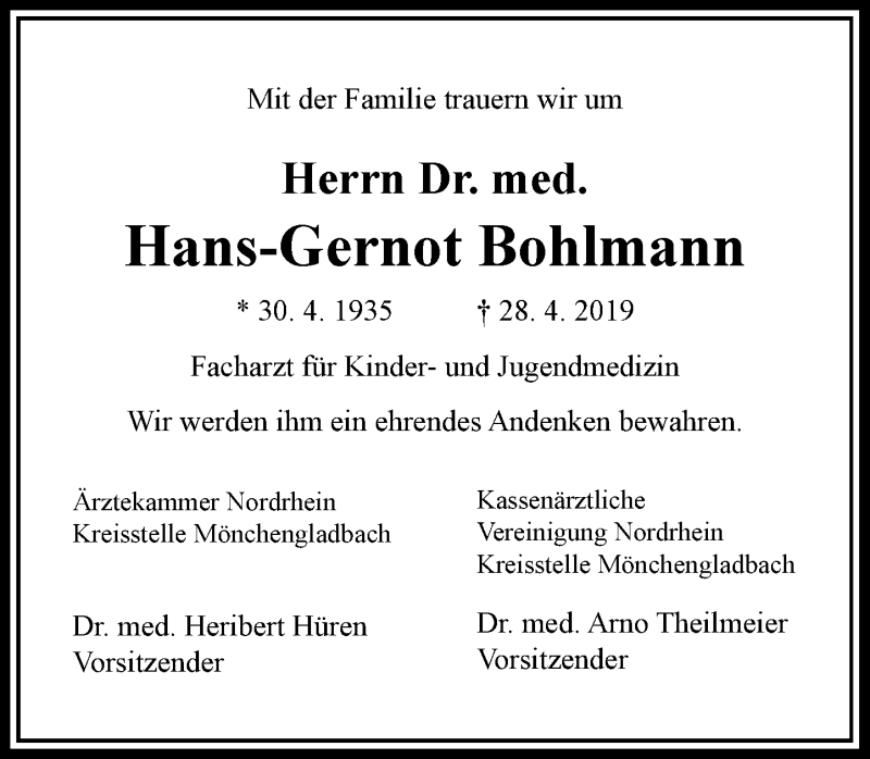  Traueranzeige für Hans-Gernot Bohlmann vom 25.05.2019 aus Rheinische Post