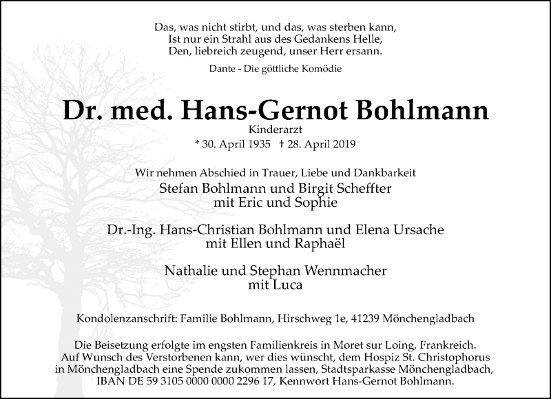  Traueranzeige für Hans-Gernot Bohlmann vom 18.05.2019 aus Rheinische Post