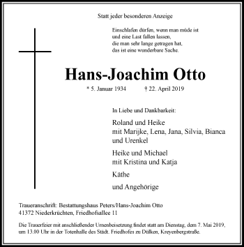 Traueranzeige von Hans-Joachim Otto von Rheinische Post