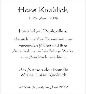 Traueranzeige von Hans Knoblich von Rheinische Post