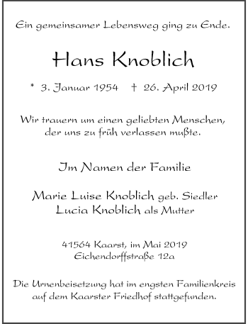 Traueranzeige von Hans Knoblich von Rheinische Post