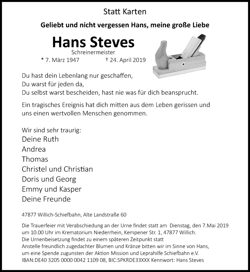  Traueranzeige für Hans Steves vom 04.05.2019 aus Rheinische Post