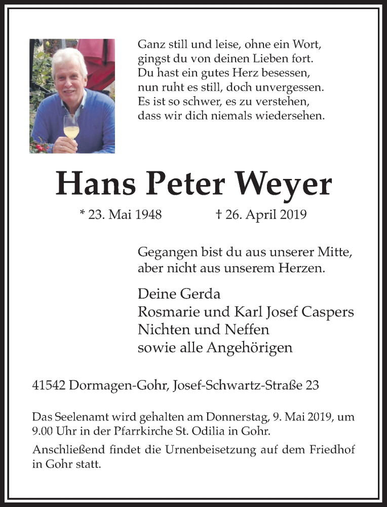  Traueranzeige für Hans Peter Weyer vom 04.05.2019 aus Rheinische Post