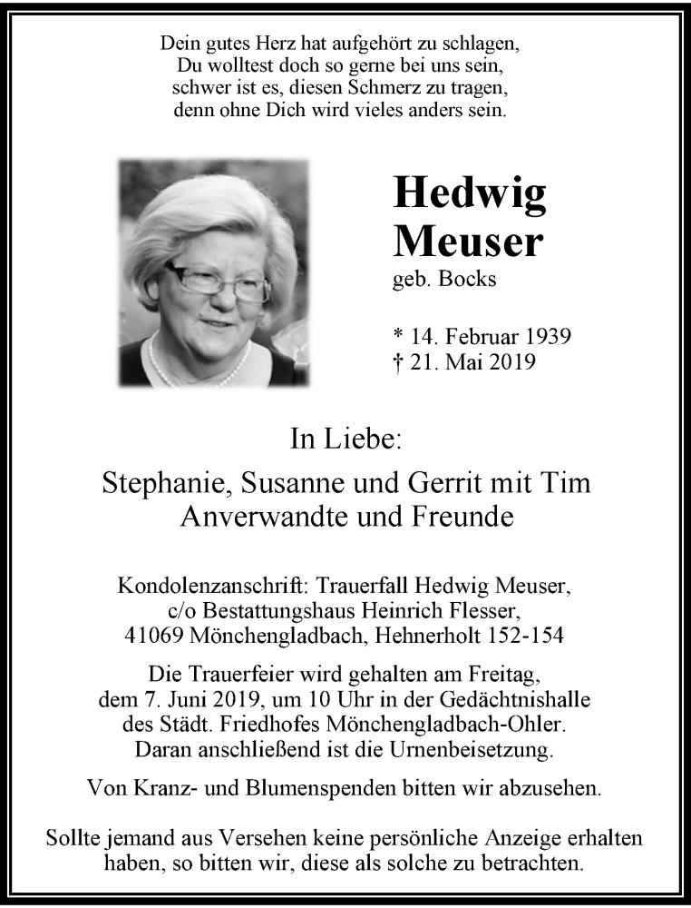  Traueranzeige für Hedwig Meuser vom 01.06.2019 aus Rheinische Post