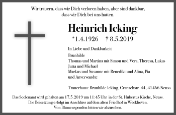 Traueranzeige von Heinrich Icking von Rheinische Post