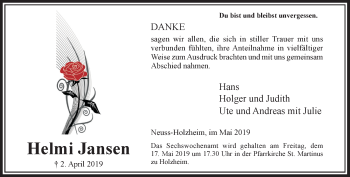 Traueranzeige von Helmi Jansen von Rheinische Post