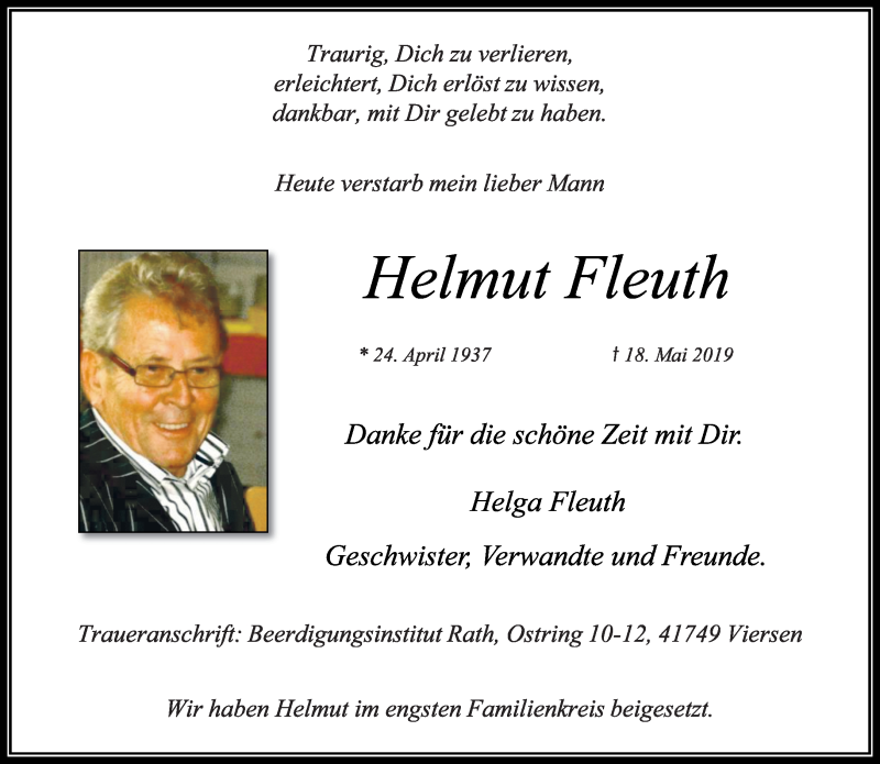  Traueranzeige für Helmut Fleuth vom 29.05.2019 aus Rheinische Post