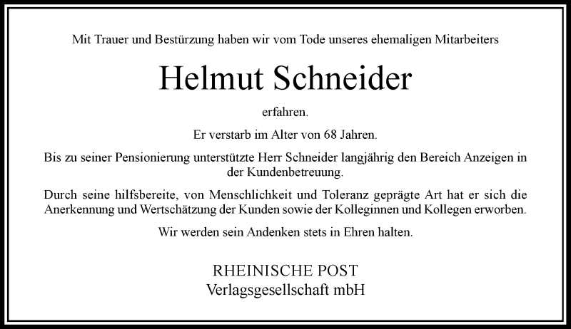  Traueranzeige für Helmut Schneider vom 01.06.2019 aus Rheinische Post
