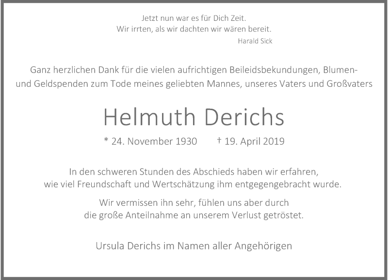  Traueranzeige für Helmuth Derichs vom 08.05.2019 aus Rheinische Post