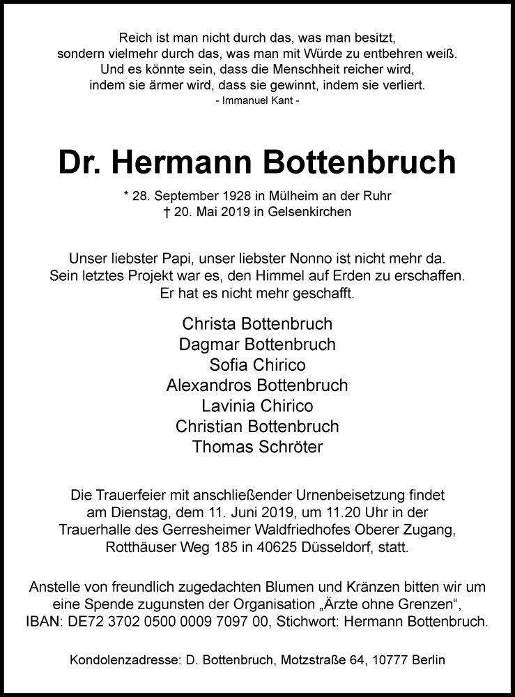  Traueranzeige für Hermann Bottenbruch vom 25.05.2019 aus Rheinische Post