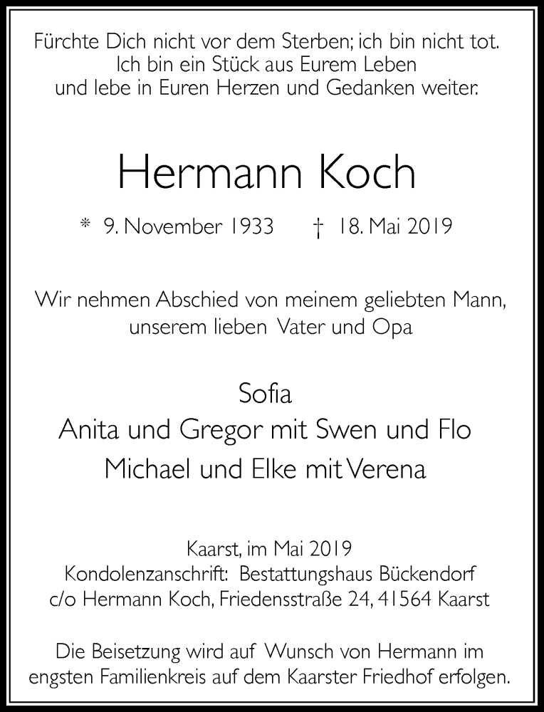  Traueranzeige für Hermann Koch vom 22.05.2019 aus Rheinische Post