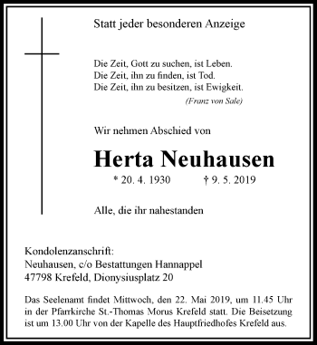 Traueranzeige von Herta Neuhausen von Rheinische Post