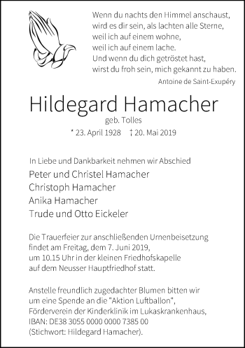 Traueranzeige von Hildegard Hamacher von Rheinische Post