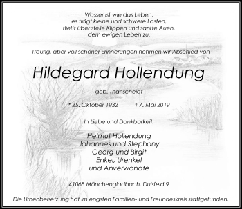 Traueranzeige von Hildegard Hollendung von Rheinische Post