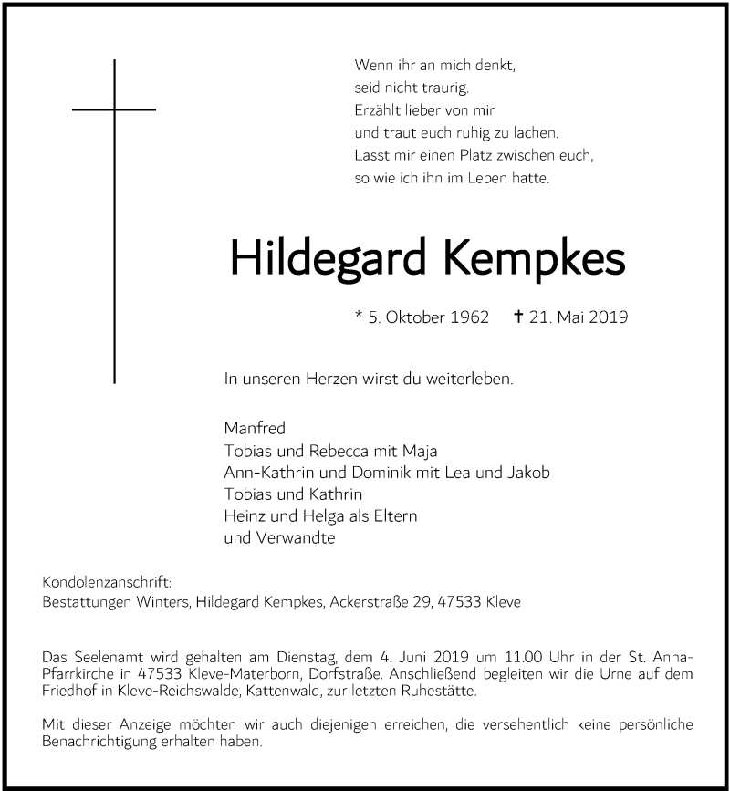  Traueranzeige für Hildegard Kempkes vom 28.05.2019 aus Rheinische Post