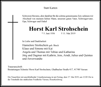 Traueranzeige von Horst Karl Strohschein von Rheinische Post