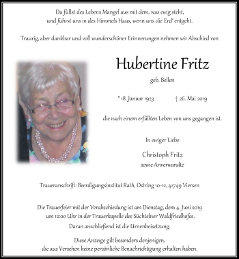 Traueranzeige von Hubertine Fritz von Rheinische Post