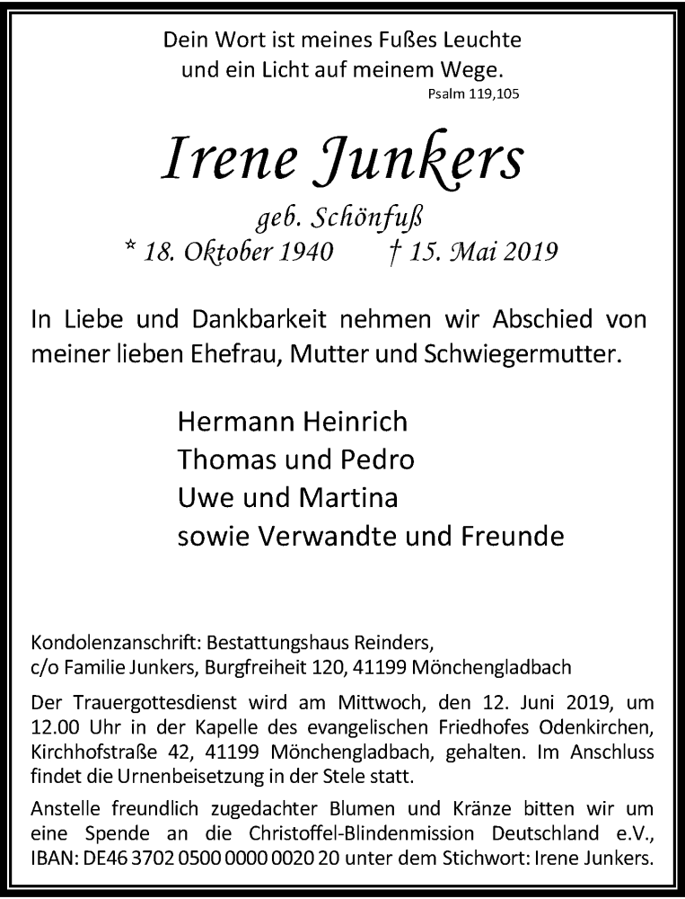  Traueranzeige für Irene Junkers vom 25.05.2019 aus Rheinische Post