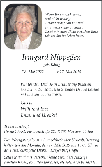 Traueranzeige von Irmgard Nippeßen von Rheinische Post