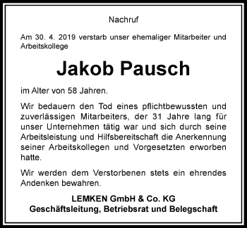 Traueranzeige von Jakob Pausch von Rheinische Post