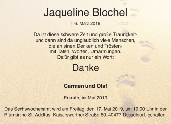 Traueranzeige von Jaqueline Blochel von Rheinische Post