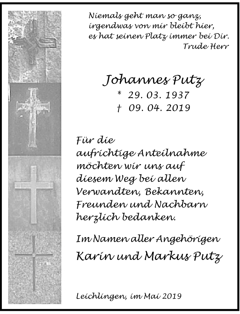  Traueranzeige für Johannes Putz vom 18.05.2019 aus Rheinische Post