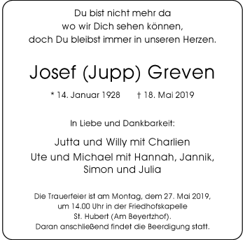 Traueranzeige von Josef Greven von Rheinische Post