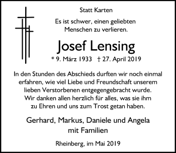Traueranzeige von Josef Lensing von Rheinische Post