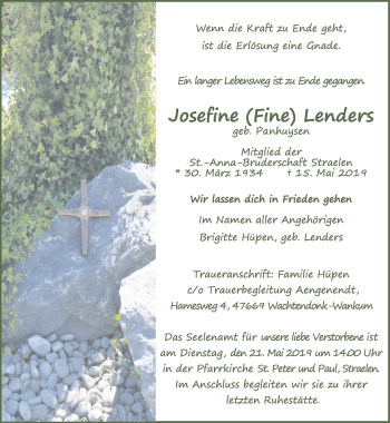 Traueranzeige von Josefine Lenders von Rheinische Post
