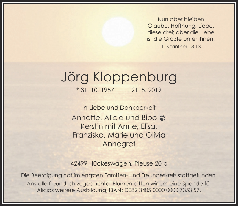  Traueranzeige für Jörg Kloppenburg vom 01.06.2019 aus Rheinische Post