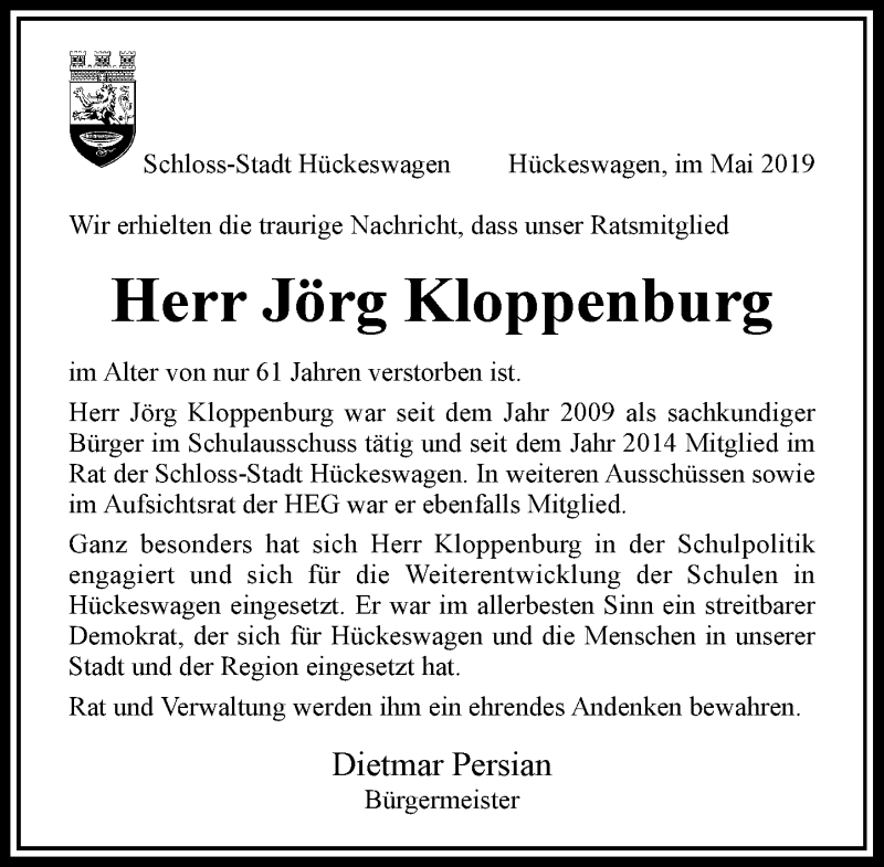  Traueranzeige für Jörg Kloppenburg vom 01.06.2019 aus Rheinische Post