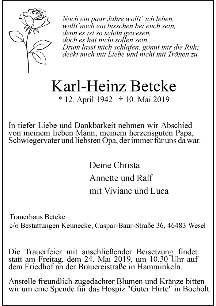  Traueranzeige für Karl-Heinz Betcke vom 17.05.2019 aus Rheinische Post