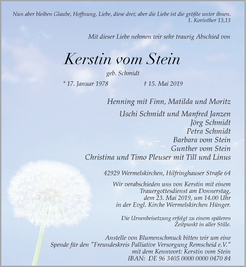  Traueranzeige für Kerstin vom Stein vom 18.05.2019 aus Rheinische Post