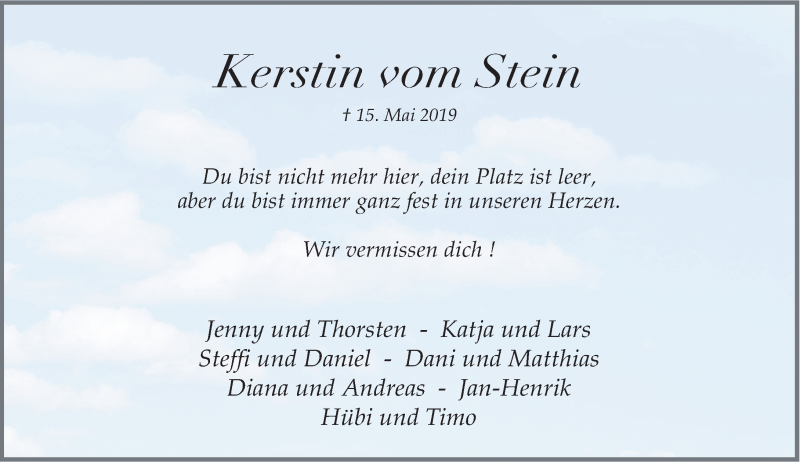  Traueranzeige für Kerstin vom Stein vom 21.05.2019 aus Rheinische Post