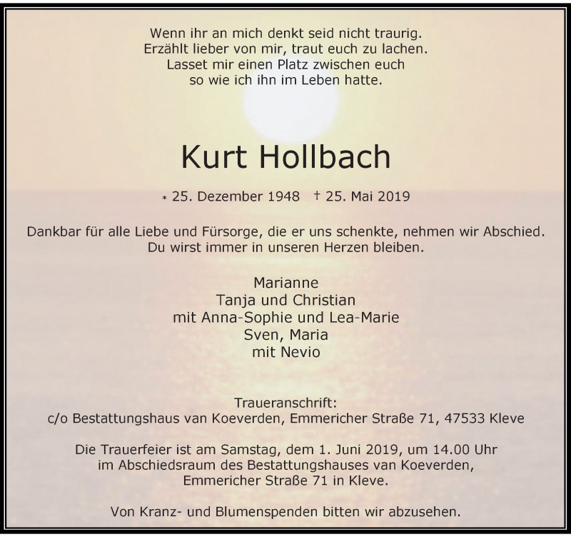  Traueranzeige für Kurt Hollbach vom 29.05.2019 aus Rheinische Post