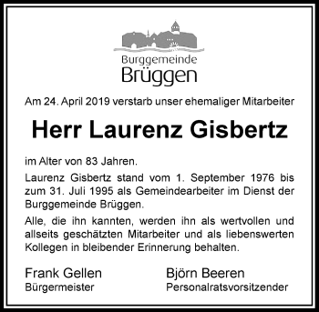 Traueranzeige von Laurenz Gisbertz von Rheinische Post
