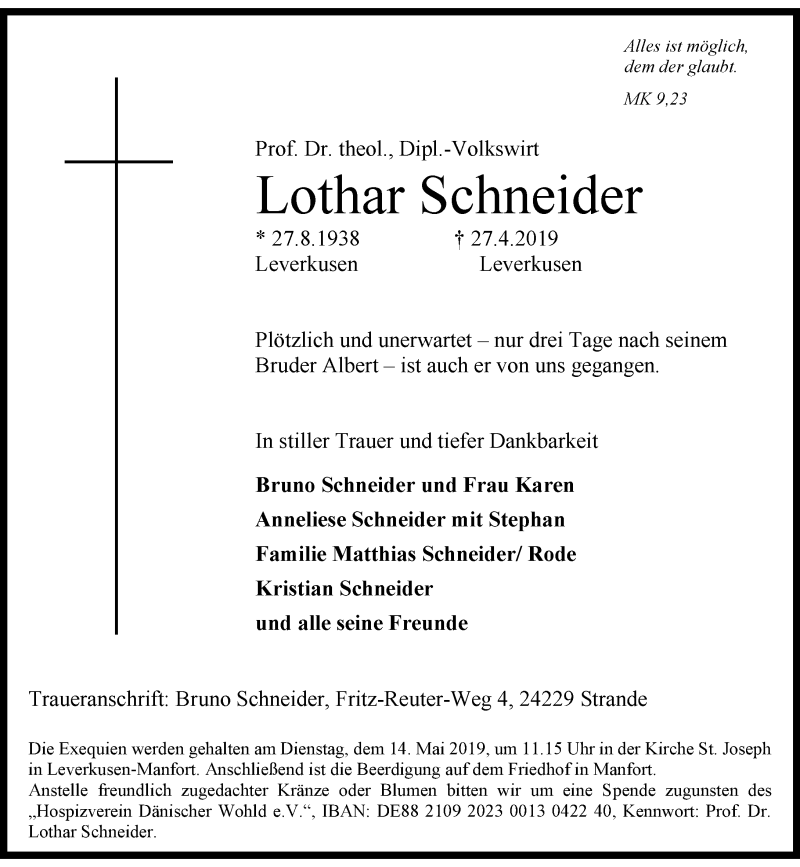  Traueranzeige für Lothar Schneider vom 08.05.2019 aus Rheinische Post
