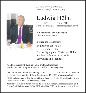 Traueranzeige von Ludwig Höhn von Rheinische Post