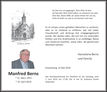 Traueranzeige von Manfred Berns von Rheinische Post